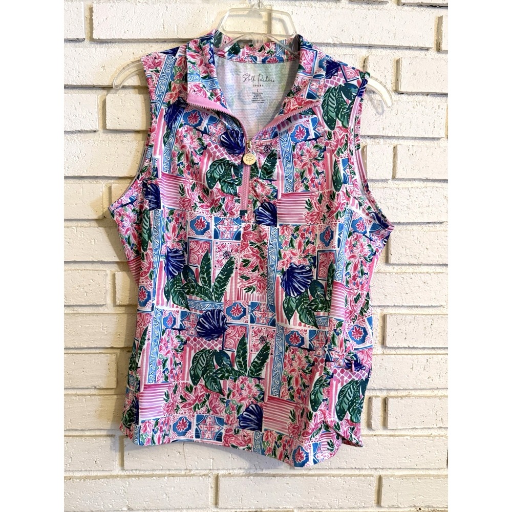 Stella Parker Sport Womens Pink Green Tropical Floral Quarter Zip Golf Top Sz Lg